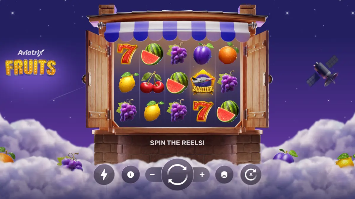Tampilan antarmuka permainan slot Aviatrix Fruits dengan elemen pesawat kustom.