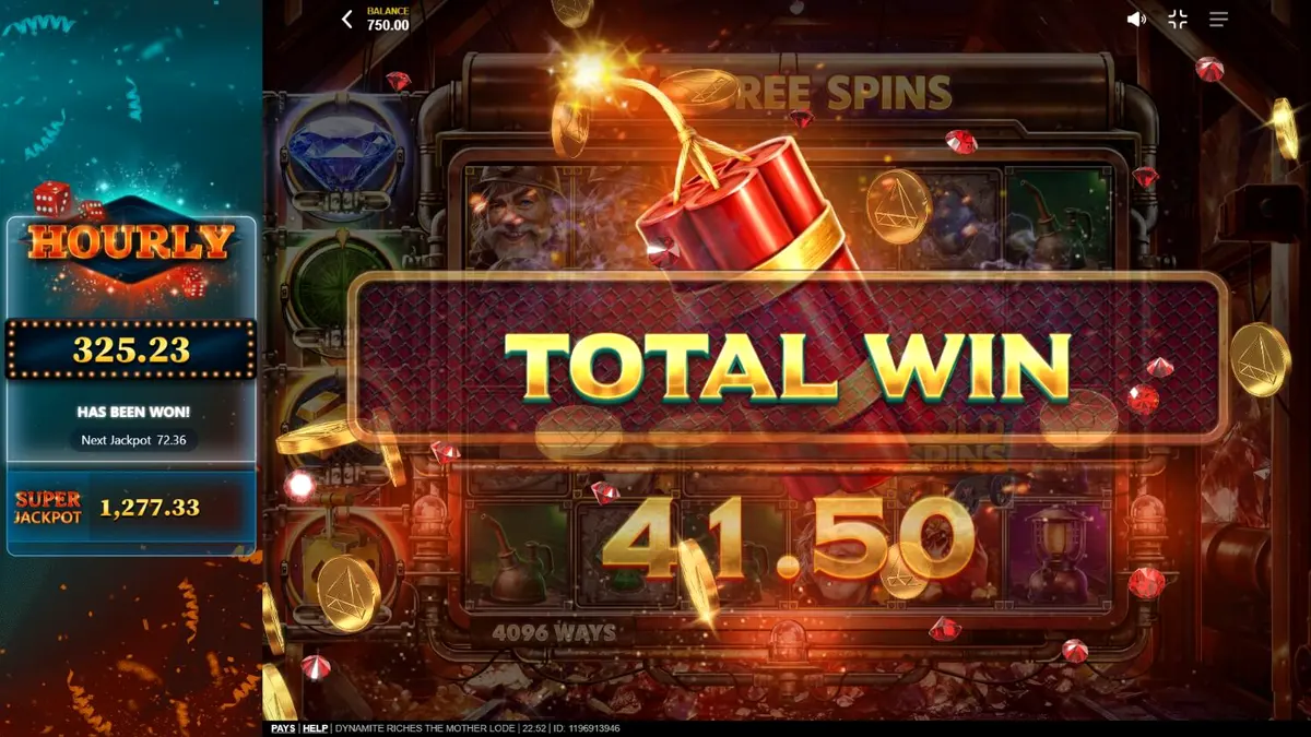 Tampilan visual mesin slot Dynamite Riches The Mother Lode dengan simbol tambang dan emas