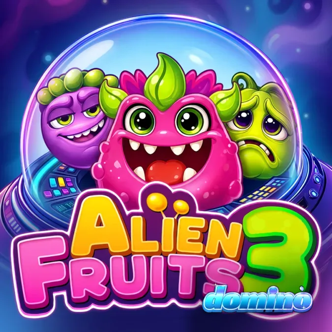 Tampilan visual grid 6x5 dalam permainan slot Alien Fruits 3 dengan simbol buah bertema luar angkasa.